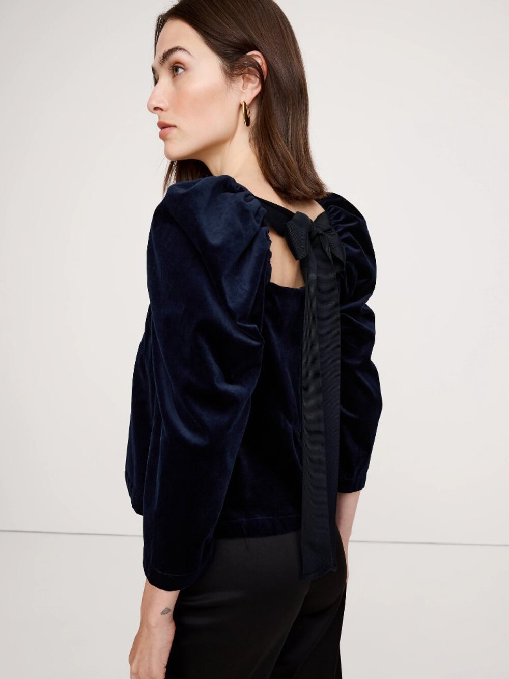 NWT! Banana Republic Midnight Blue Velvet Puff-Sleeve Bow-Back Dress Top XS